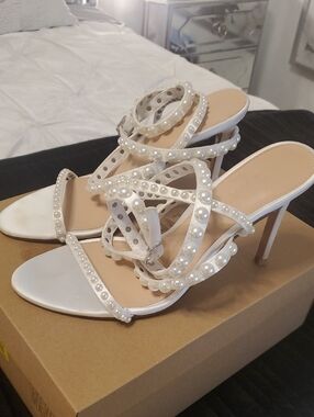 Women's Pearl-Embellished White Strappy Heels